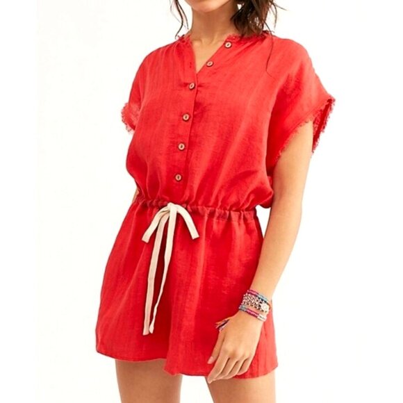 NEW! Intimately Free People 100% Linen Romper Button Front Tie Waist Red SZ S - Picture 1 of 7